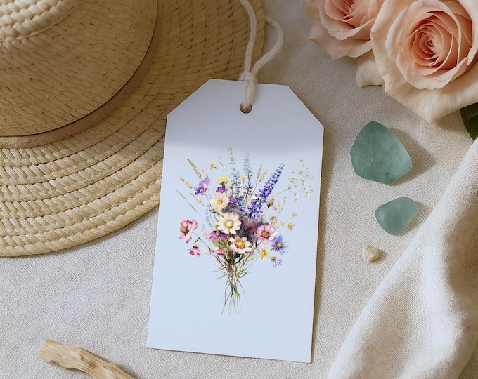 Boho Floral Printable Gift Tags, Watercolor Pink and Purple Wildflowers, Free Spirit Tag Set for Summer Gifting, Bridesmaid Gifts + Birthday