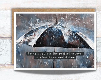 Rainy Day Watercolor Greeting Card, Cozy Umbrella Scene for All Occasions, Rain Inspired Writing Cards, Encouraging Quote for Rain Lovers