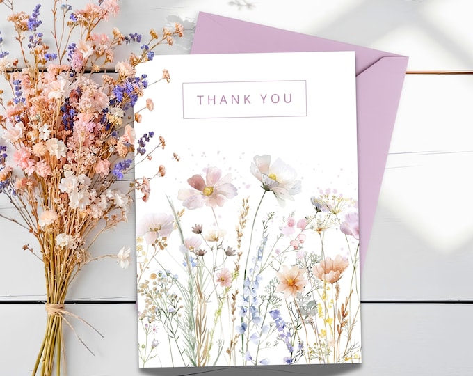 Wildflower Thank You Card & Gift Tag Set: Watercolor Design, Envelope Choice