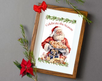 Santa and Cookies Celebrate the Season Christmas Art Print, Holiday Cookies and Santa Wall Decor, Jolly Santa Christmas Decor, Baking Santa