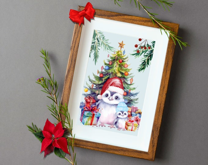 Penguin Holiday Wall Art, Watercolor Christmas Penguin Prints, Penguins with Hats Festive Holiday Decor, Christmas Penguins Art Print