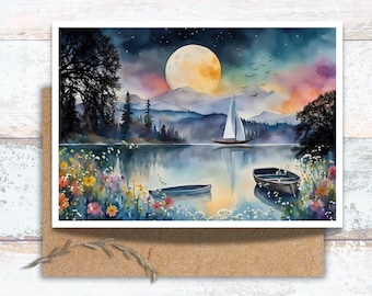 Sailboat Under a Moonlit Lake Watercolor Greeting Card, Tranquil Sailboat on a Forest Lake Writing Cards, Starry Night on the Lake Greeting