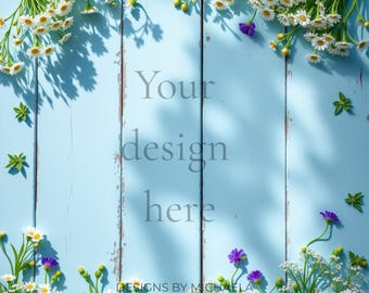 Spring Wildflower Flat Lay Mockup on Distressed Blue Wood, Styled Stock Photo for Cards Art Prints and  Packaging, Spring Floral Mockup