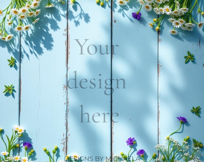 Spring Wildflower Flat Lay Mockup on Distressed Blue Wood, Styled Stock Photo for Cards Art Prints and  Packaging, Spring Floral Mockup