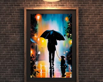Man and Dog Walking in Rain at Night Wall Art Print, Watercolor Rainy Night Print, Man's Best Friend Rainy Wall Decor, Rainy Night Street