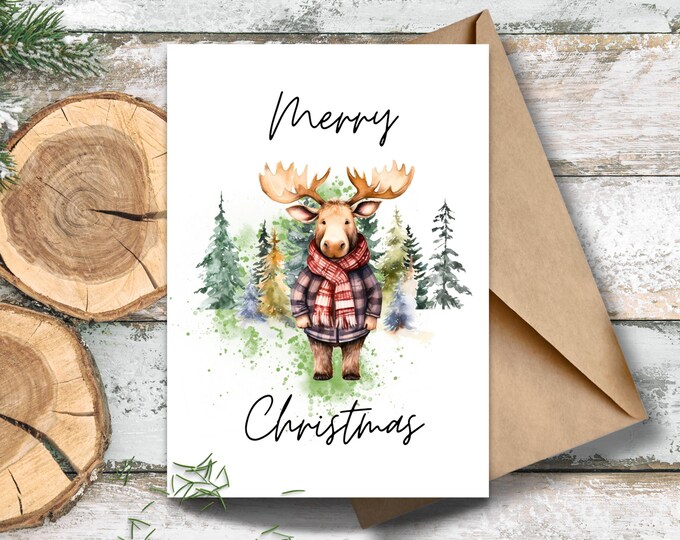 Christmas Moose Card, Moose in Plaid Christmas Card, Moose in Woods Christmas Card, Watercolor Moose Christmas Card,Plaid Moose Holiday Card