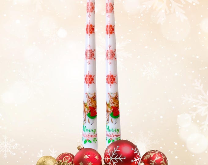 Vintage Christmas Taper Candles - Set of 2 Decorative Holiday Candles with Reindeer