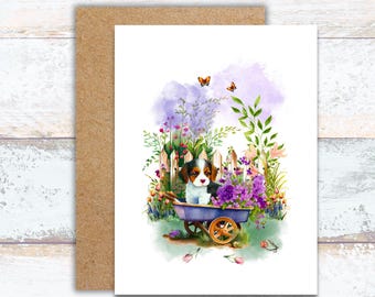 Cute Beagle Sitting in a Wheelbarrow Watercolor Greeting Card, Puppy Playing in the Garden Writing Cards, Puppy Lover Writing Stationery