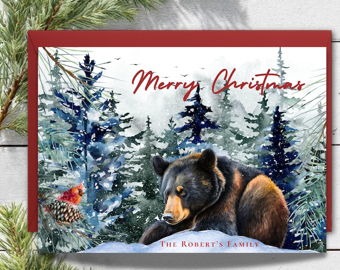 Watercolor Black Bear Christmas Card: Winter Cardinal Holiday Greetings
