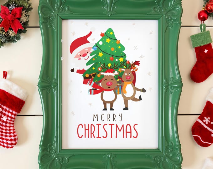 Whimsical Santa & Reindeer Christmas Print: Playful Holiday Wall Art