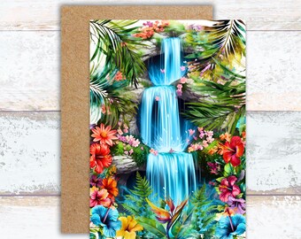 Tropical Greeting Card, Tropical Waterfall Writing Card, Watercolor Hibiscus Stationery, Hawaiian Vibes Note Cards, Summer Greeting Card