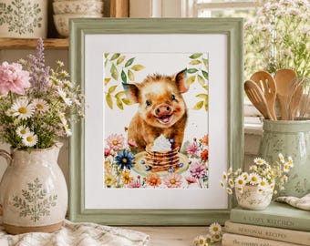 Pig Eating Pancakes Print: Watercolor Farmhouse Kitchen Art