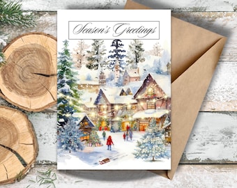 Christmas Market Watercolor Greeting Card, Bavarian Winter Town Writing Cards, Snowy Winter Scene Holiday Card, Winter Holiday Market Card