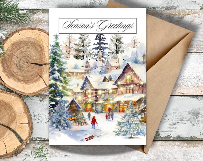 Christmas Market Watercolor Greeting Card, Bavarian Winter Town Writing Cards, Snowy Winter Scene Holiday Card, Winter Holiday Market Card