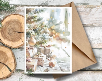 Winter Pine Thank You Card, Gifts Under Tree Watercolor Stationery, Pretty Winter Aesthetic Customizable Card, Beige Christmas Editable Card