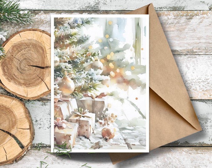 Winter Pine Thank You Card, Gifts Under Tree Watercolor Stationery, Pretty Winter Aesthetic Customizable Card, Beige Christmas Editable Card