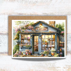 Vintage Bookstore Set of 4 Watercolor Greeting Cards, Antique Book Shop Stationery, Lover of Old Books Writing Cards, Pretty Book Lover Gift
