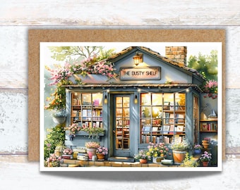 Vintage Bookstore Set of 4 Watercolor Greeting Cards, Antique Book Shop Stationery, Lover of Old Books Writing Cards, Pretty Book Lover Gift