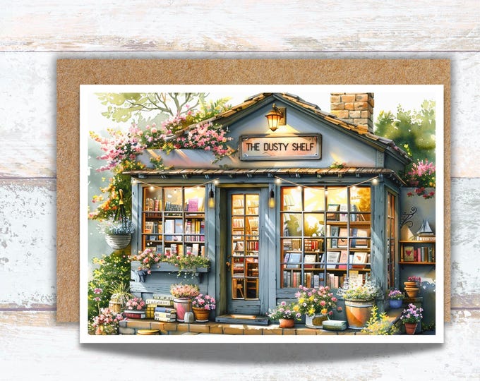 Vintage Bookstore Set of 4 Watercolor Greeting Cards, Antique Book Shop Stationery, Lover of Old Books Writing Cards, Pretty Book Lover Gift