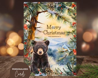 Baby Black Bear Holiday Watercolor Greeting Card, Festive Christmas Black Bear in Winterscape, Baby Black Bear and Holly Personalized Cards