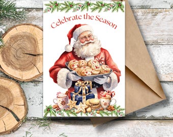Celebrate the Seasons Santa Greeting Card, Santa with Cookies Writing Cards, Christmas Cookies Greeting Card, Baking Santa Christmas Card