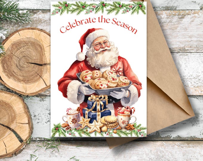 Celebrate the Seasons Santa Greeting Card, Santa with Cookies Writing Cards, Christmas Cookies Greeting Card, Baking Santa Christmas Card