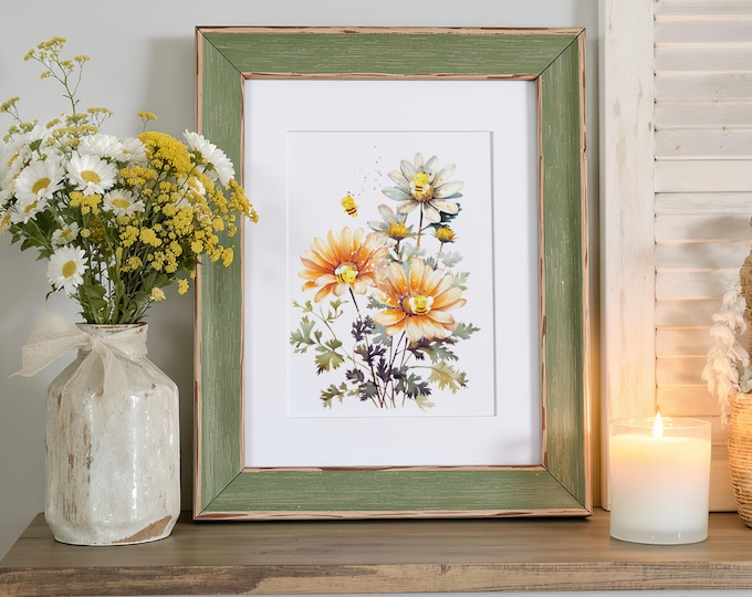 Fall Bee Art Print – Watercolor Daisies in Orange & Yellow, Cottagecore Floral Wall Art
