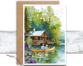 Canoeing on a Forest Lake Watercolor Greeting Card, Couple Boating on a Wooded Lake Writing Cards, Rustic Nature Lover Stationery For Her