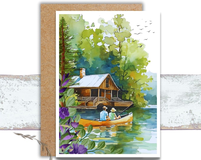 Canoeing on a Forest Lake Watercolor Greeting Card, Couple Boating on a Wooded Lake Writing Cards, Rustic Nature Lover Stationery For Her