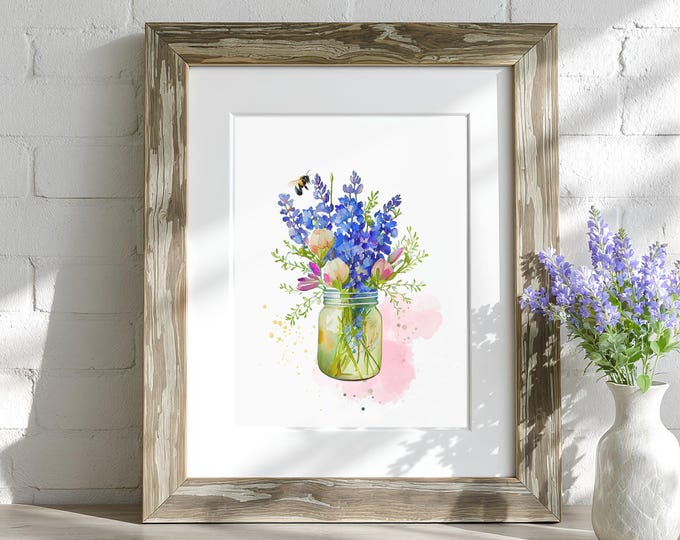Bluebonnet Farmhouse Art Print- Cottagecore Home Decor