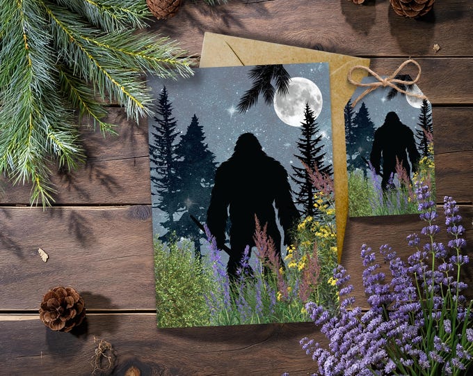 Bigfoot Watercolor Greeting Card: Night Forest Sasquatch Stationery