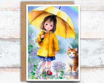 Spring Showers Yellow Umbrella and Girl Picking Flowers Watercolor Card,  Child Enjoying the Rain Stationery, Cute Spring Rainy Day Card