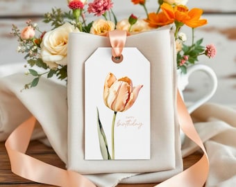 Peach Tulip Birthday Gift Tags, Printable Floral Tags for DIY Wrapping, Botanical Digital Download, Farmhouse Style Birthday Tag Set of 9
