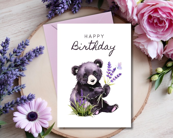 Baby Black Bear Birthday Card: Lavender Bouquet Watercolor Art