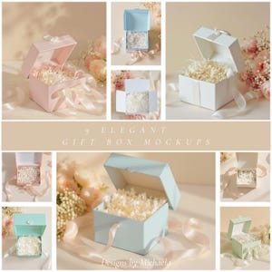 Pacote de mockups de caixa de presente para Canva, vendedores de etiquetas e cartões, chá de bebê, chá de bebê, blush, sálvia, flat lay azul, estoque estilizado, display de embalagens