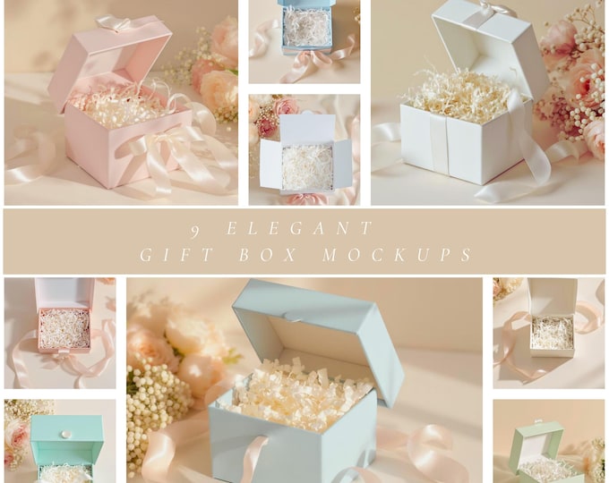 Gift Box Mockup Bundle for Canva, Tag and Card Sellers, Baby Shower, Tea Party, Blush, Sage, Blue Flat Lay, Styled Stock, Packaging Display