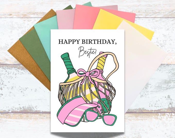 Pickleball Happy Birthday Bestie Greeting Card, Birthday Pickleball Card for Girlfriend, Pink and Green Pickleball Birthday Card for Her
