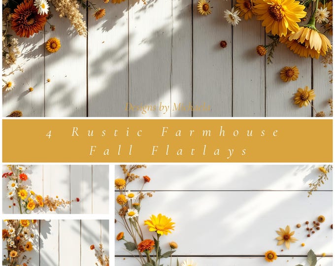 Rustic Farmhouse Fall Flatlays with Crisp Flowers & Whitewashed Wood, 4 Backgrounds + Bonus 5 Sec Video, Cozy Autumn Product Display Set