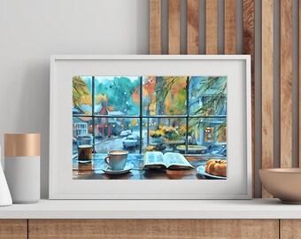 Rainy Day at a Neighborhood Coffee Shop Watercolor Art Print, Coffee Shop Window Looking out at the Rain Wall Decor, Love of Rain and Coffee