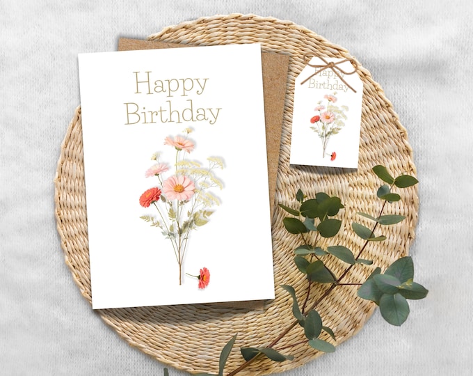 Pressed-Inspired Wildflower Birthday Card, Faux Botanical Greeting Card,  Garden-Lover Birthday Card with Pressed Floral Look for Her
