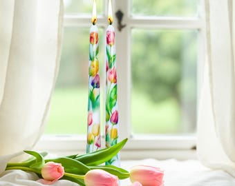 Watercolor Tulip Taper Candles for Spring Decor, Colorful Floral Candles for Tablescapes, Centerpieces, Gifting, or Mantel Styling, Accent
