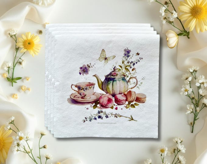 Vintage Tea Party Cocktail Napkins, Custom Floral Teapot, Macaron Design for Crafts and DIY Decor, Birthday Tea Napkins for Garden Parties