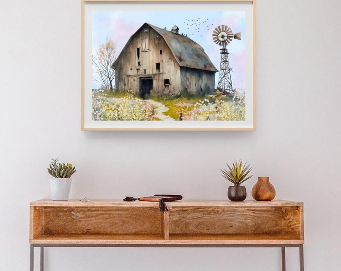 Rustic Barn and Windmill Wall Art Print, Watercolor Weathered Farmhouse Wall Decor, Vintage Barn and Flowers Print, Lover of Farmhouse Decor