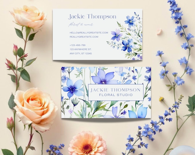 Custom Blue Floral Watercolor Business Cards for Creatives, Elegant Floral Studio Branding, Personalized Double-Sided Boutique Card Design
