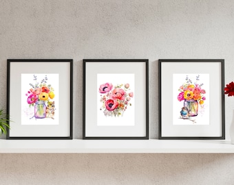 Pink Floral Wall Art, Pink Watercolor Botanical Nursery Set, Ranunculus Art Print, Cute Bird and Flowers Print, Pink Bouquet Wall Decor