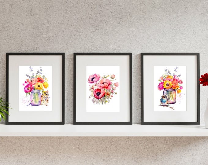 Pink Floral Wall Art, Pink Watercolor Botanical Nursery Set, Ranunculus Art Print, Cute Bird and Flowers Print, Pink Bouquet Wall Decor