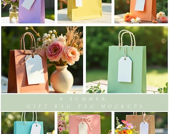 Summer Gift Bag Tag Mockups, Pastel Packaging Flatlay for Printable Tags, Soft Boho Gift Bags with Tags for Showers, Birthdays and Gardens