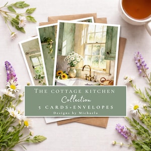 May include: The Cottage Kitchen Collection of 5 cards and envelopes. The cards feature watercolor paintings of a kitchen scene with a window, flowers, and a sink. The design includes text that reads "The Cottage Kitchen Collection" and "Designs by Michaela."