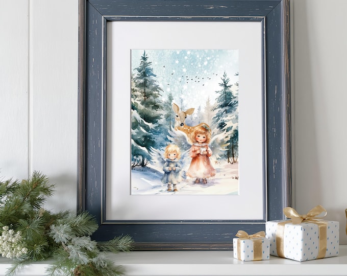 Christmas Angels Print: Winter Forest, Deer, Cottagecore Wall Art
