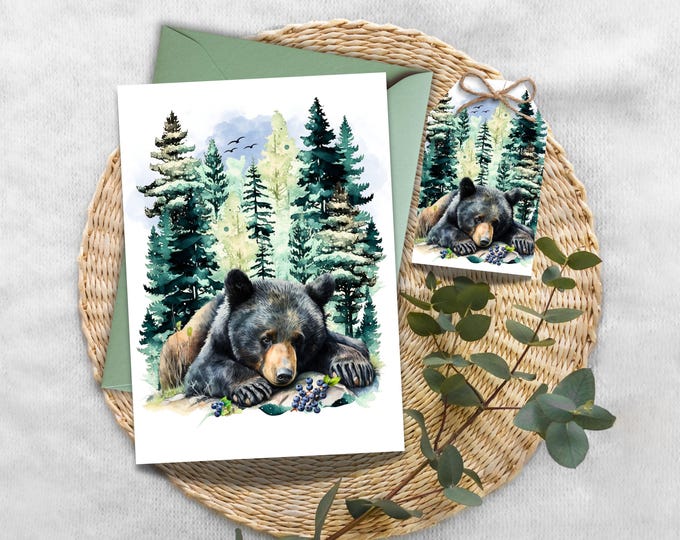 Bear and Blueberry Watercolor Card and Gift Tag Set, Forest Animal Stationery, Rustic Wildlife Greeting Card for Nature Lovers & Cabin Decor